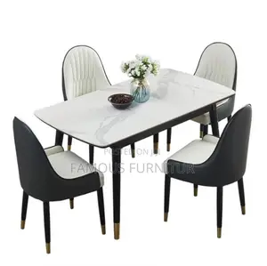 Rectangular Dining Table Set With a White Marble-Pattern