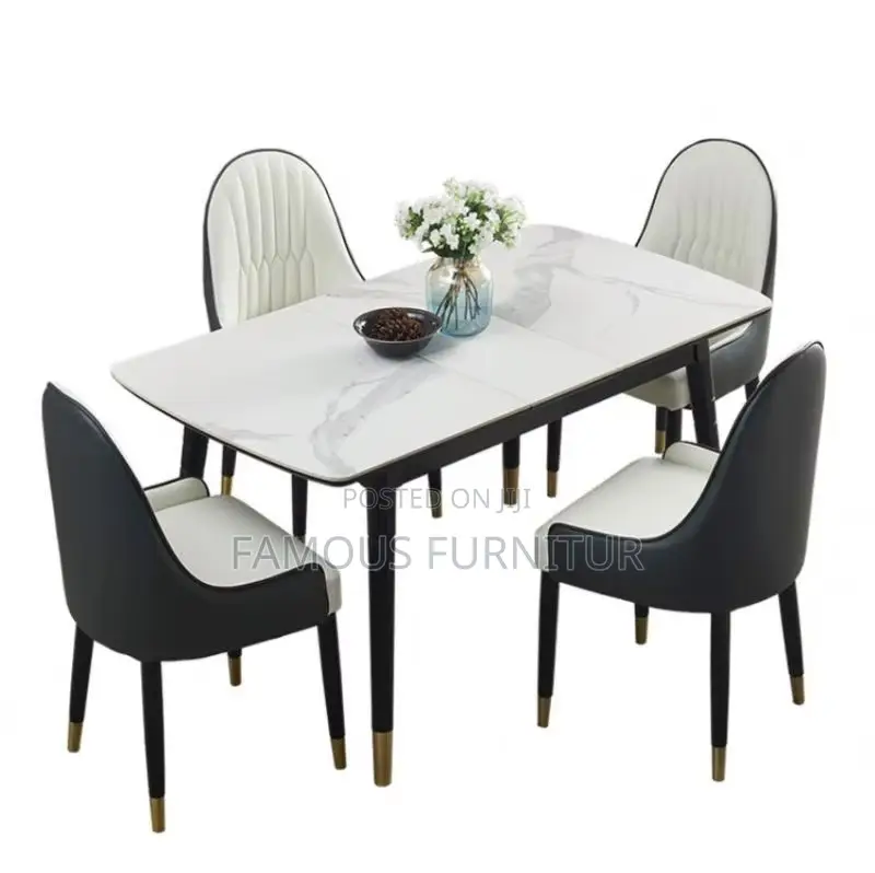 Rectangular Dining Table Set With a White Marble-Pattern