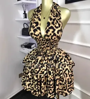 Women's Leopard Print Halter Neck Tiered Mini Gown