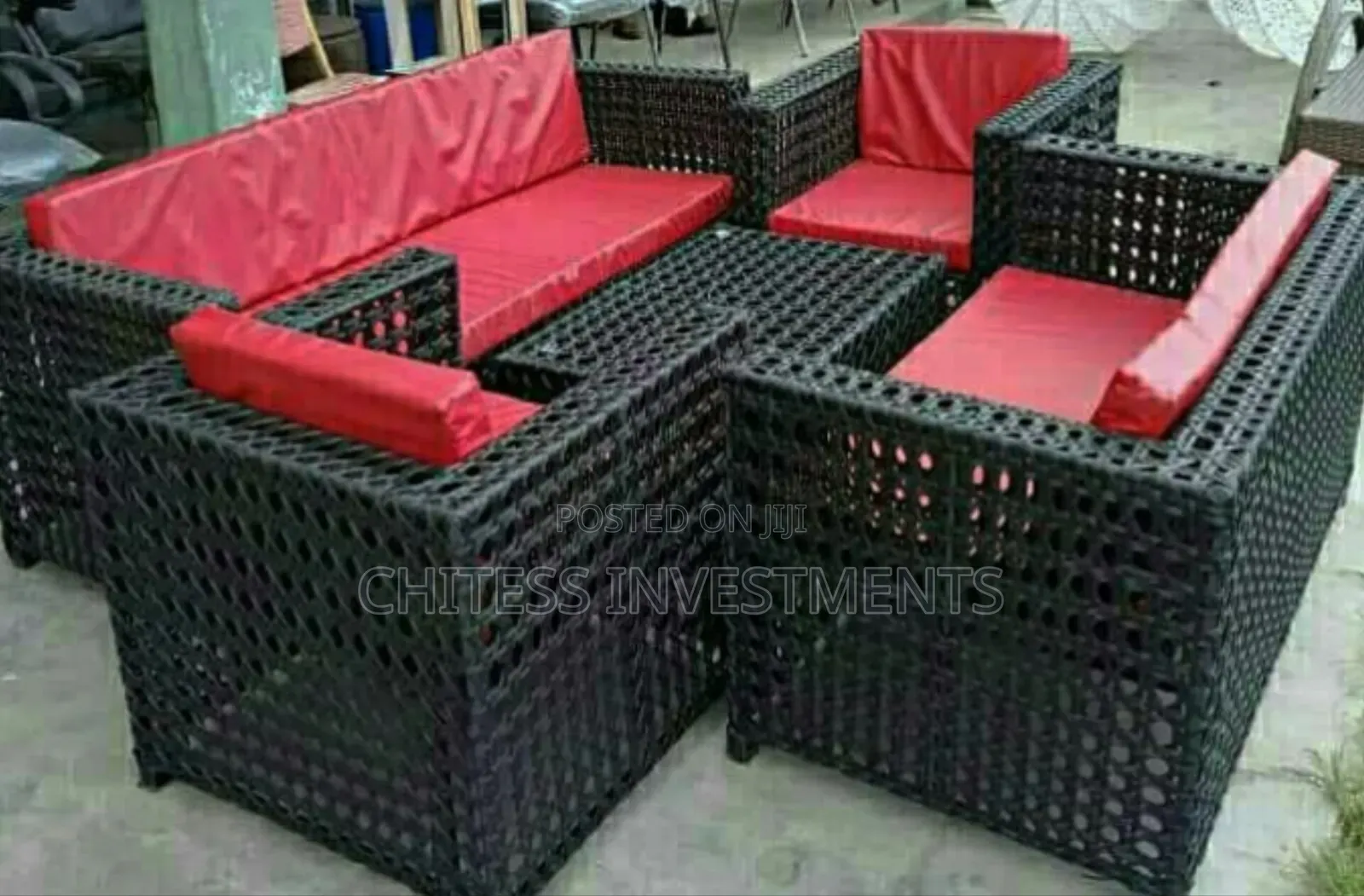 Modern Black Rattan Style Set With Red Cushion