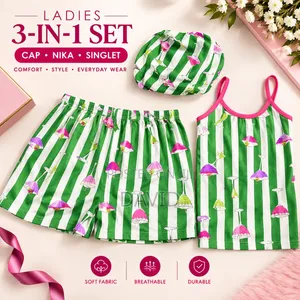 Ladies 3-in-1 Set (Cap + Nika + Singlet) – Green Striped Soft Pajama
