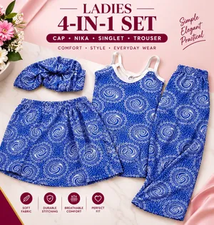 Ladies 4-in-1 Set (Cap + Nika + Singlet + Trouser) – Blue Soft Pajama