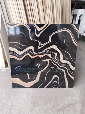 Polished Black-and-Gold Abstract Liquid Marble Floor Tile.