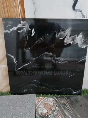 Polished Black-and-Gold Abstract Liquid Marble Floor Tile.