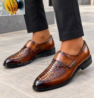 Brown Leather Men Strap Shoe / Croc Embossed