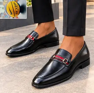 Black Leather Men Loafers /Red Striped