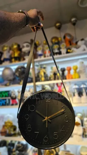 Modern Hanging Wall Clock With Leather Strap, Black or White