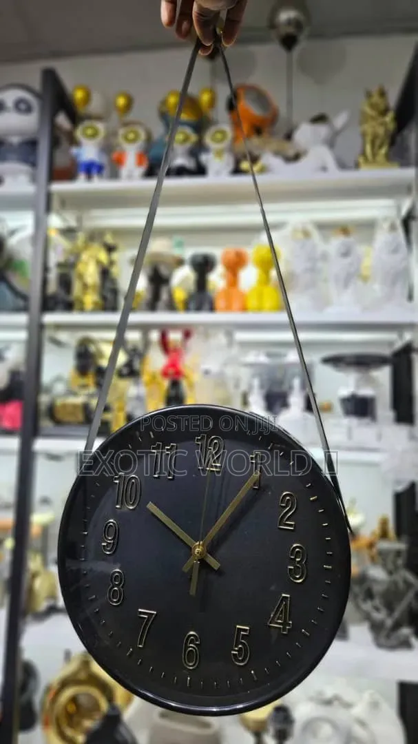 Modern Hanging Wall Clock With Leather Strap, Black or White