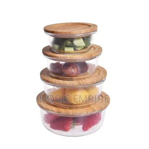 Round 4pcs Borosilicate Glass Food Storage Container With Bamboo Lid.