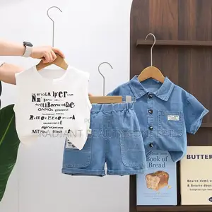 3pcs Boys' Denim Short-Sleeve Suit Summer Outfit