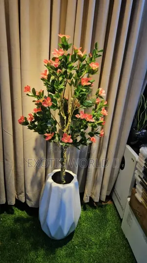 Artificial Peach Flower Plant in White Geometric Vase