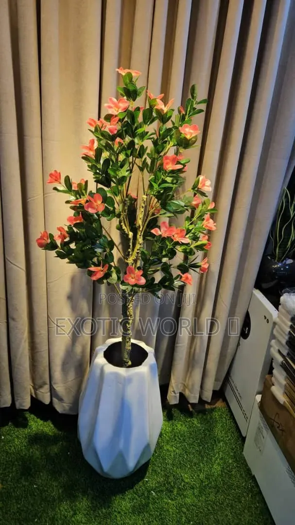 Artificial Peach Flower Plant in White Geometric Vase