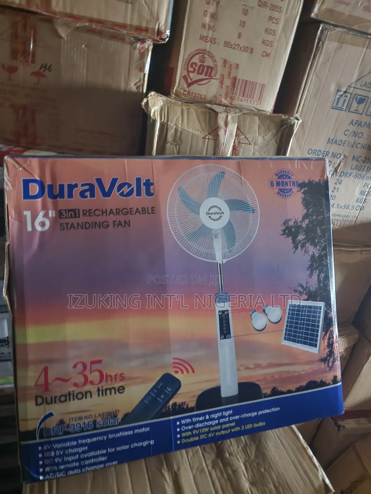 Duravolt 16" Rechargeable Standing Fan +Remote and Solar Panel