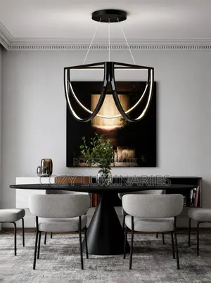 Modern LED Pendant Chandelier 60cm – Black & Gold Ribbon Arc Design