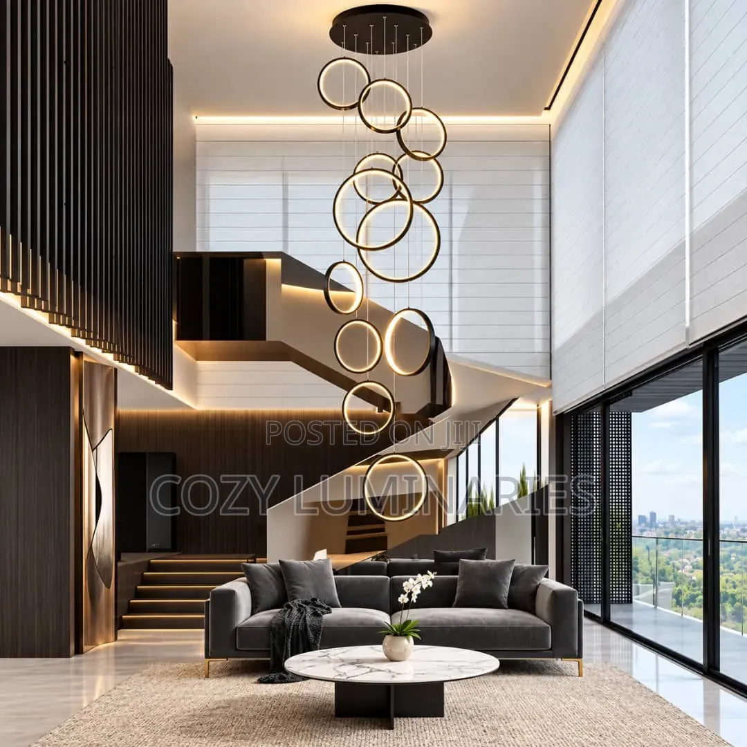 Luxury LED Ring Chandelier Long Spiral Staircase Light