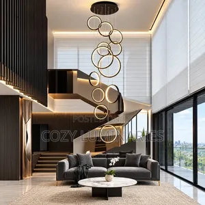 Luxury LED Ring Chandelier Long Spiral Staircase Light