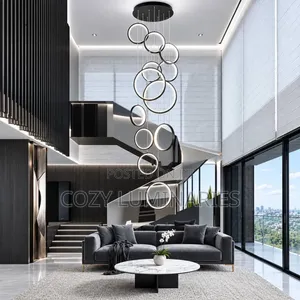 Luxury LED Ring Chandelier Long Spiral Staircase Light