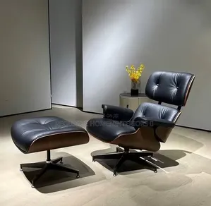 Luxury Black Leather Lounge Chair & Ottoman Set