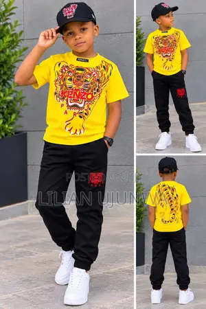 Boys Designer 3-Piece Set Kenzo Paris YellowTop,BlackJoggers&Face Cap