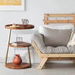 3Tier Round Side Table Wooden Bedside With Gold Metal Frame