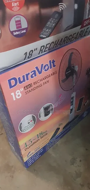 Duravolt 18" 4-in-1solar Rechargeable Standing Fan (Model: DRF-3918).