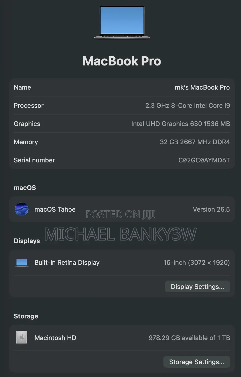 Laptop Apple MacBook Pro 2019 32GB Intel Core i9 SSD 1T
