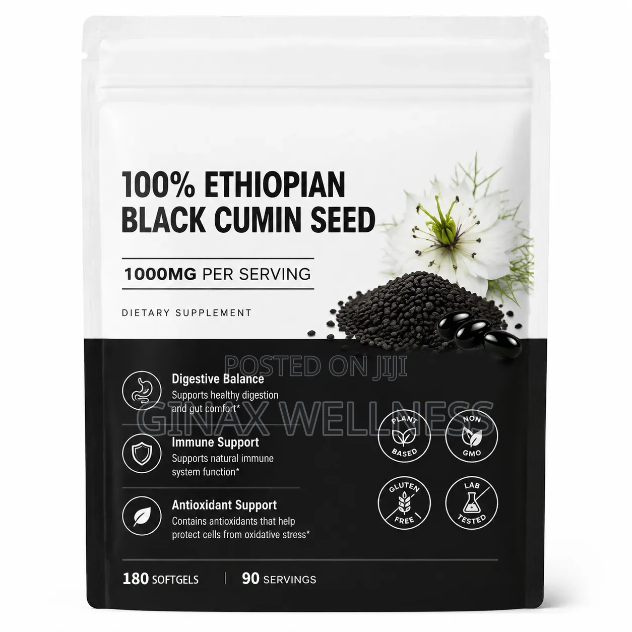 100% Ethiopian Black Cumin Seed Oil (1000mg, 180 Softgels)