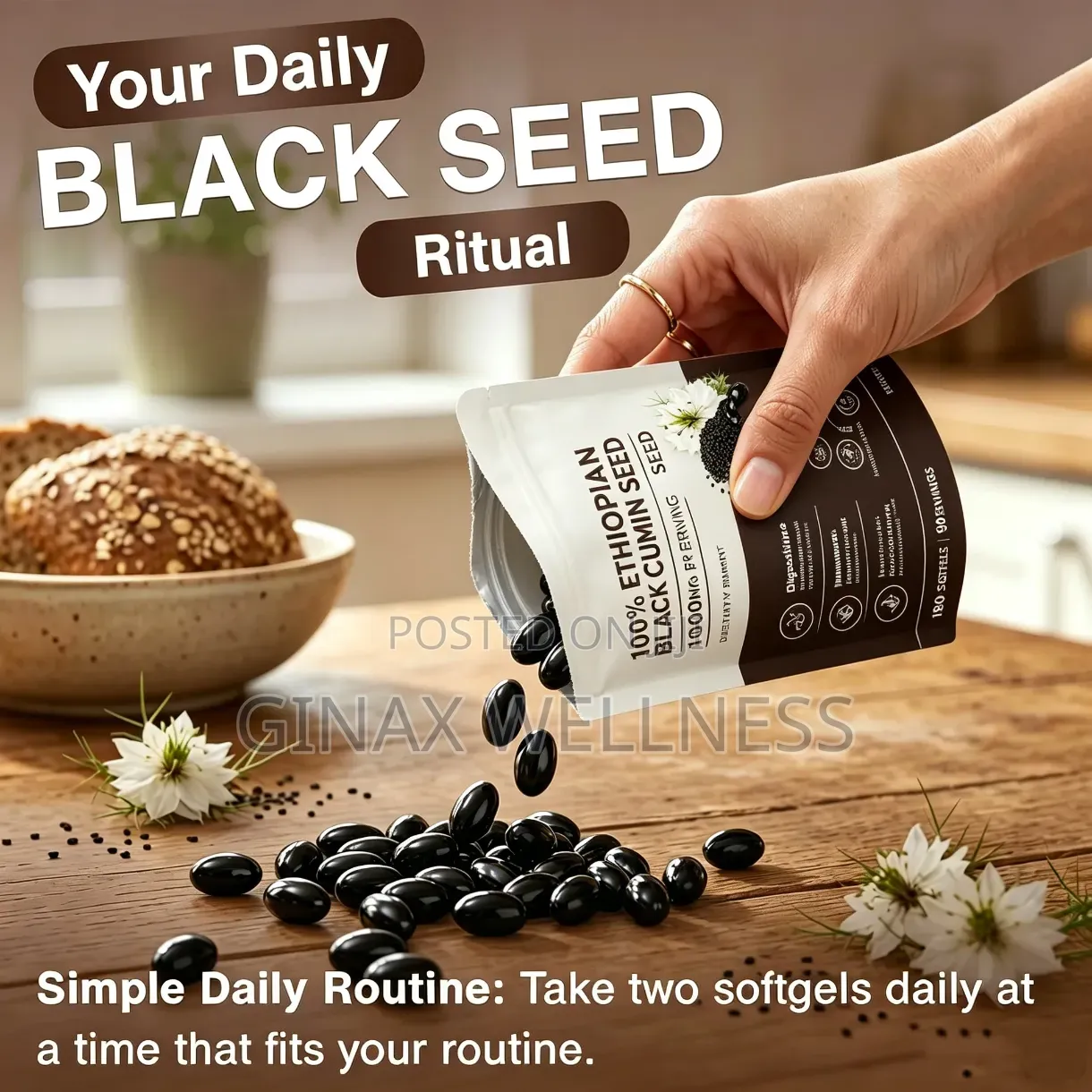 100% Ethiopian Black Cumin Seed Oil (1000mg, 180 Softgels)