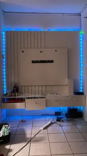Modern White TV Console / TV Wall Unit With LED Lights & Drawers