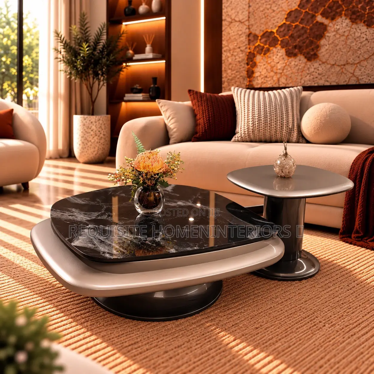 Sophisticated Black Marble Coffee Table Set With Accent Side Table