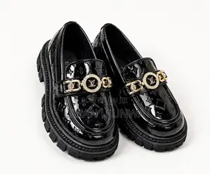 Kids Black LV Pattern Loafers - Size 28 - Shiny Formal Shoes