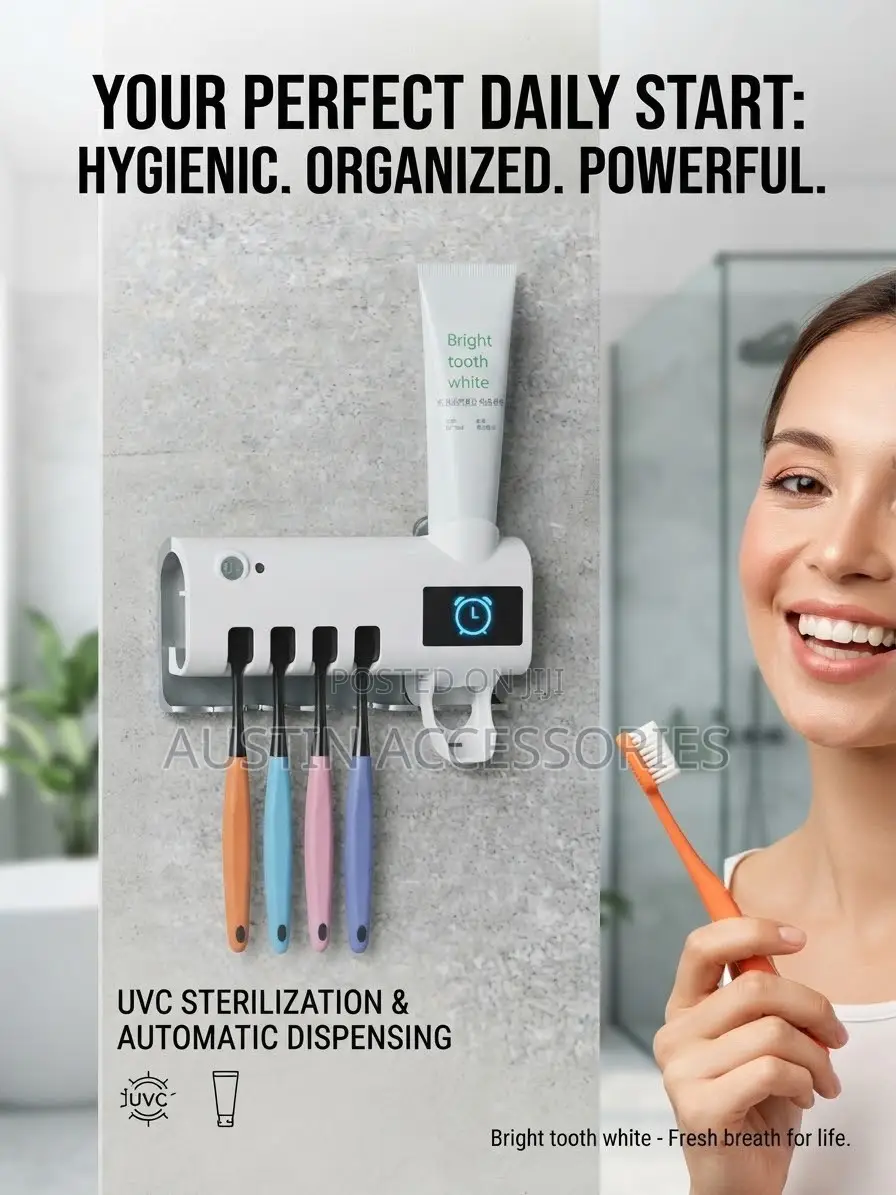 Multi-Function Autosterilizing Toothbrush Holder and Paste Dispenser