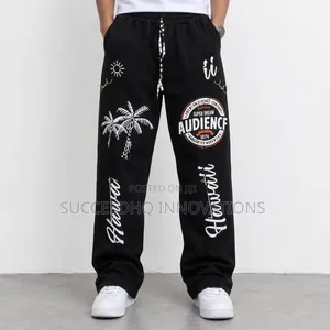 Men's Baggy Black Graphic Jeans Streetwear Wide Leg Denim Pants Chain