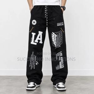 Men's Black Baggy Cargo Jeans LA Graphic Streetwear Pants With Chain