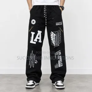 Men's Black Baggy Cargo Jeans LA Graphic Streetwear Pants With Chain