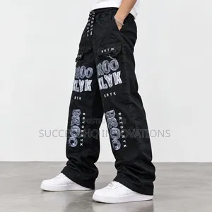 Men's Black Baggy Cargo Jeans Streetwear Wide Leg Pants With Chains