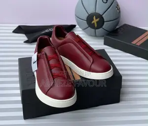 Men’s Burgundy Leather Slip-on Sneakers With White Sole