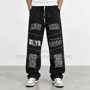 Men's Black Baggy Streetwear Pant Graphic Print Wide Leg Jeans Hip Hop
