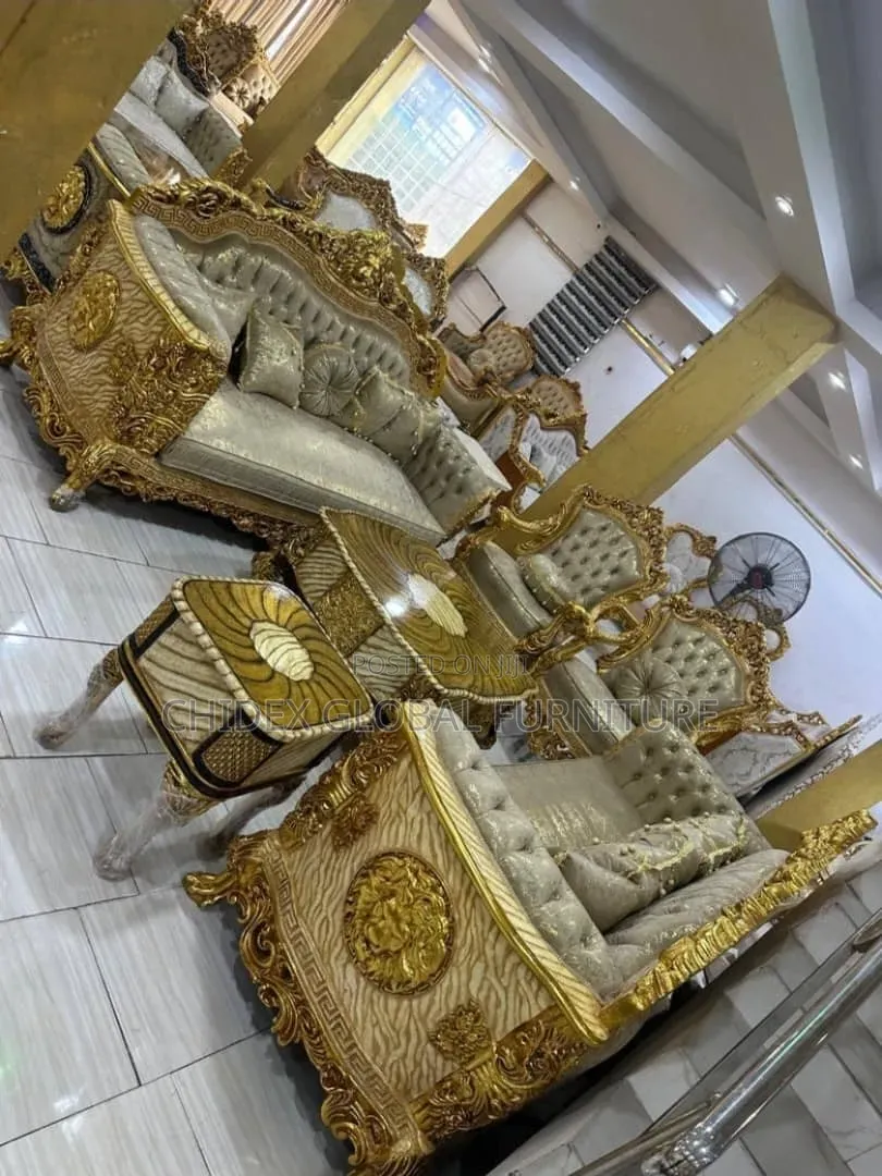 Royal Fabric Sofa Chairs With Wooden Center Table/Two Stools