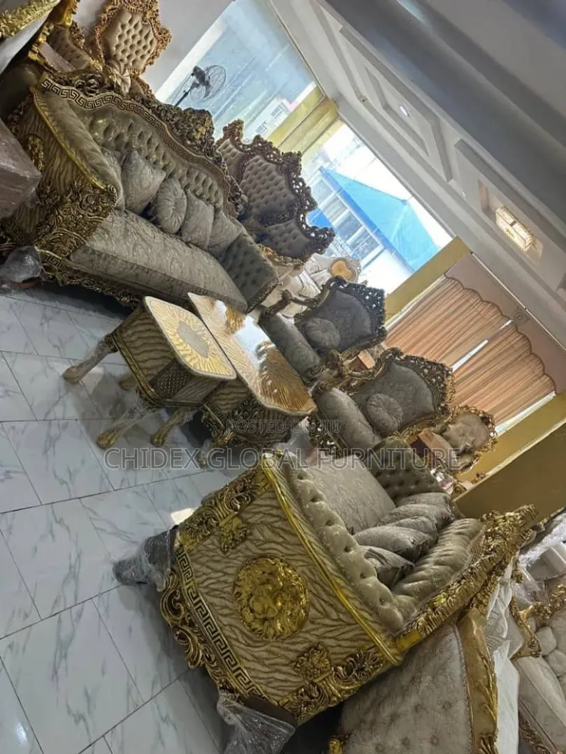 Royal Fabric Sofa Chairs With Wooden Center Table/Two Stools