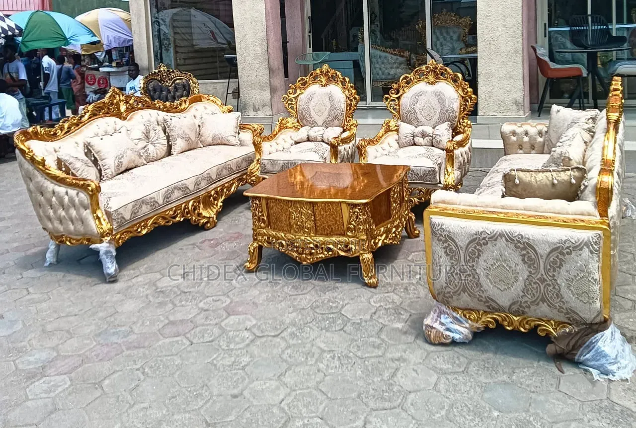 Royal Fabric Sofa Chairs With Wooden Center Table/Two Stools