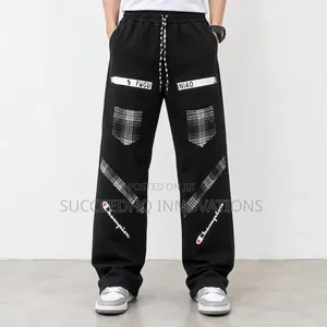 Men's Black Baggy Jeans Champion Graphic Print & Plaid Patch Trousers