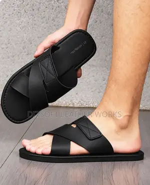 Premium Black Leather Cross-Strap Pam / Slippers for Men