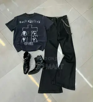 Complete Designer Outfit Set (Graphic Tee, Flared Denim & Chain Boots)