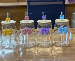 Cute Bow Wavy Glass Cup With Bamboo Lid & Glass Straw - 500ml*