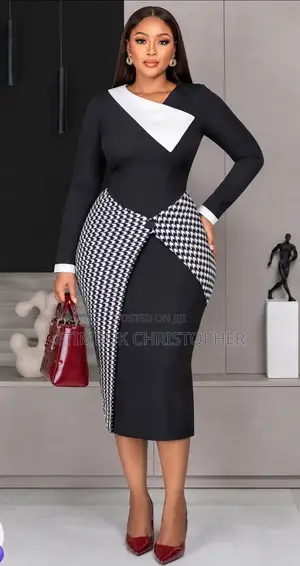 Chic Black & White Houndstooth Asymmetric Midi Dress