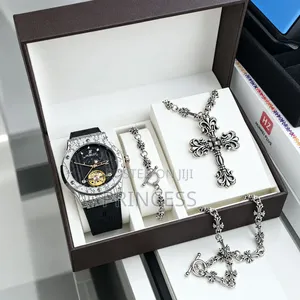 Luxury Mens Watch & Chrome Cross Necklace/Bangle Combo