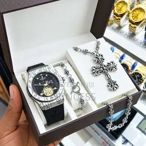 Luxury Mens Watch & Chrome Cross Necklace/Bangle Combo