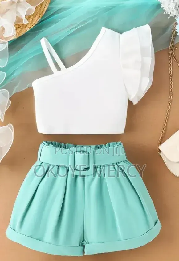 Off Shoulder Top,short and Belt Three PCS Outfits