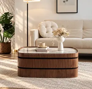 Rich Walnut Oval Coffee Table – Woodgrain Center Table With Marble Top
